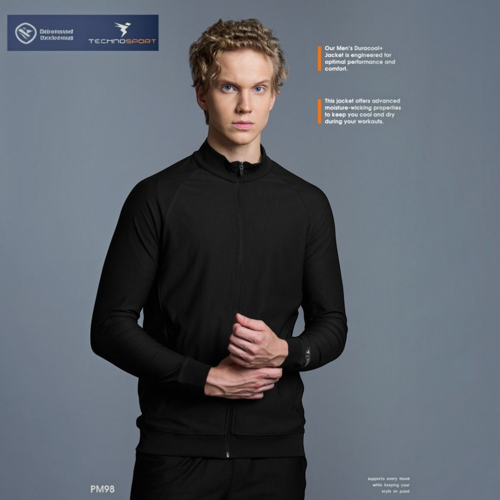 City Center Technosport DuraCool+ black high-neck jacket worn by a man, featuring moisture-wicking fabric.