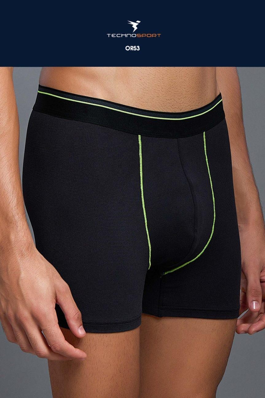 City Center Technosport OR53 black athletic men's trunk in 4-way stretch mesh fabric with neon green contrast stitching.