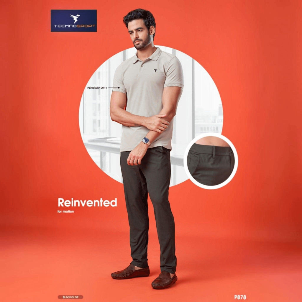 City Center Technosport Duracool+ black olive 4-way stretch casual trousers worn by a man with a beige polo shirt