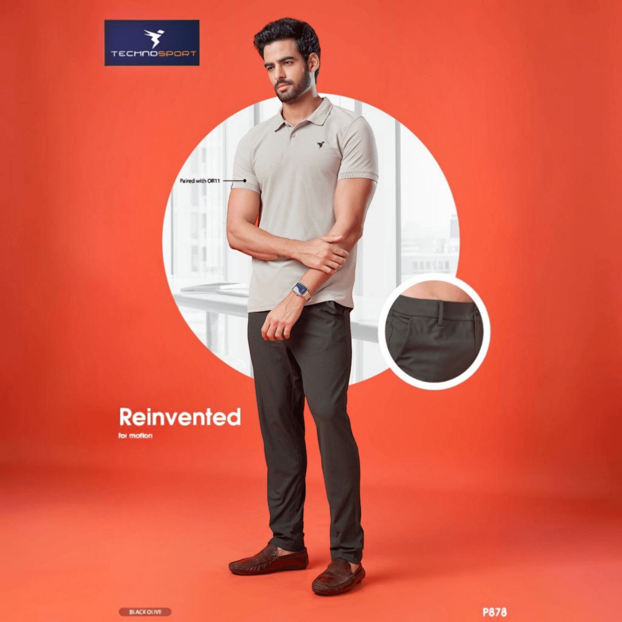 City Center Technosport Duracool+ black olive 4-way stretch casual trousers worn by a man with a beige polo shirt