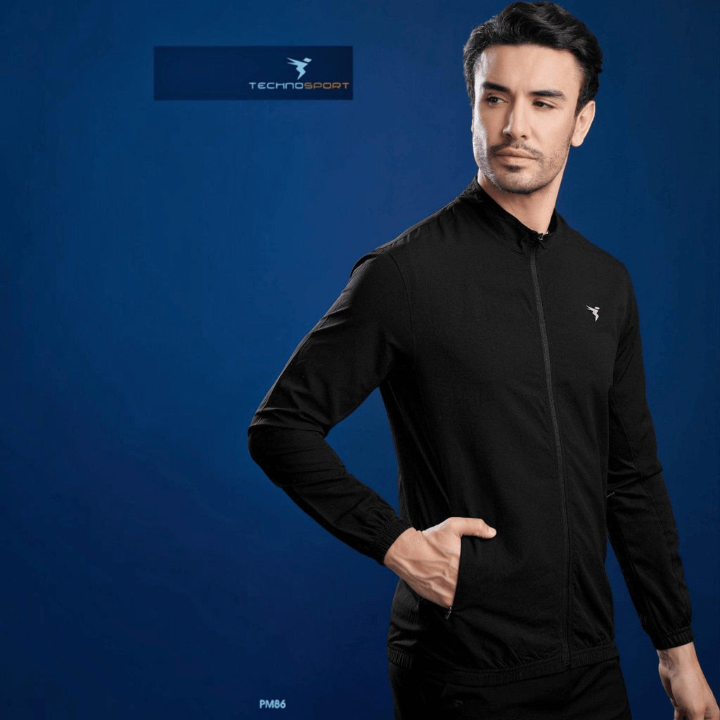 City Center Technosport black slim-fit hi-neck jacket with moisture-wicking fabric on a model
