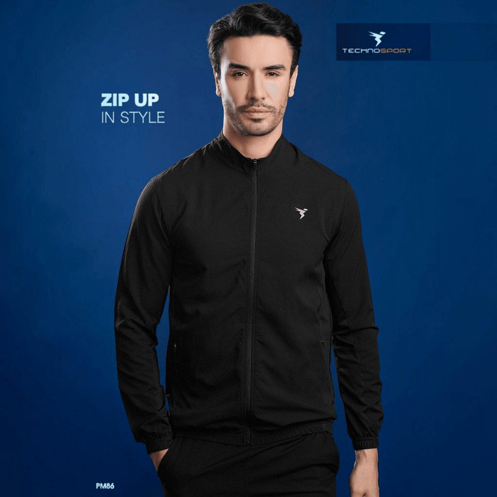 City Center Technosport men's black slim-fit hi-neck lightweight woven jacket with front zipper