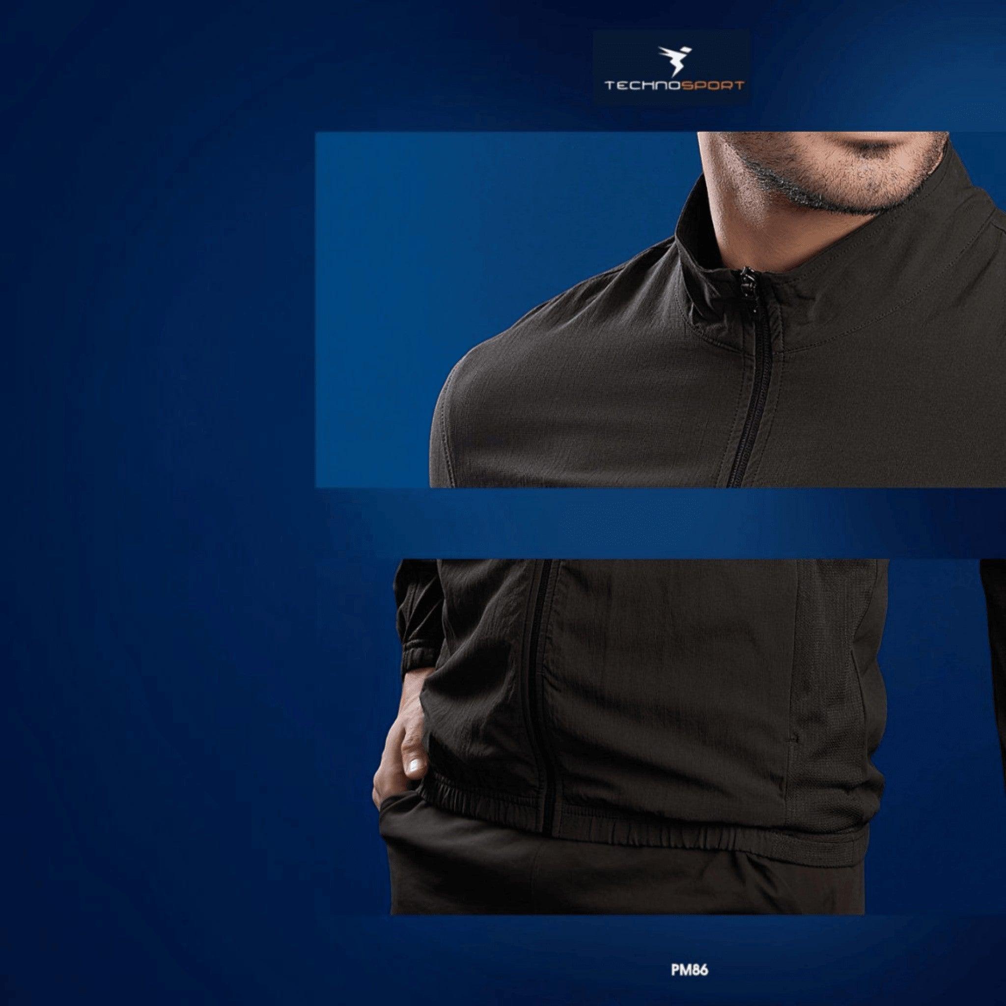 City Center Technosport black slim-fit hi-neck jacket with lightweight moisture-wicking fabric and front zipper.