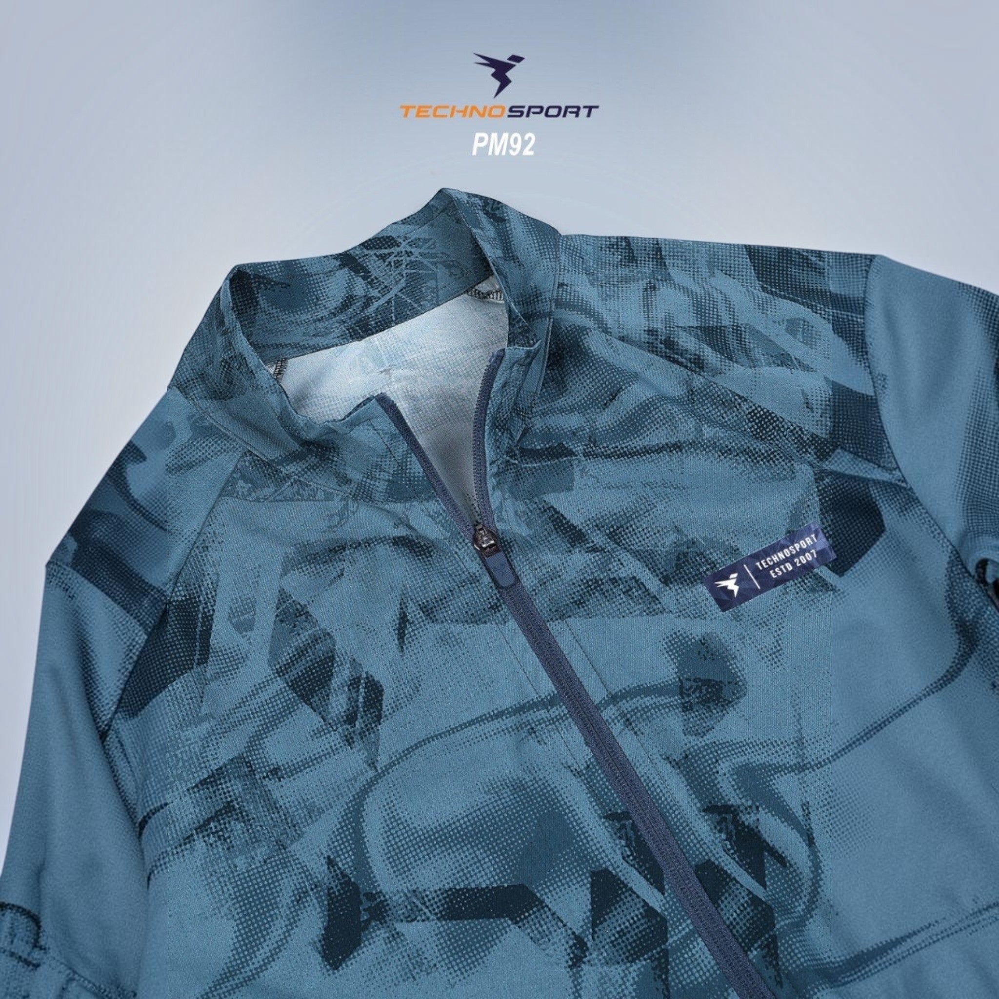 City Center Technosport blue high-neck jacket with all-over abstract print and full-length front zipper