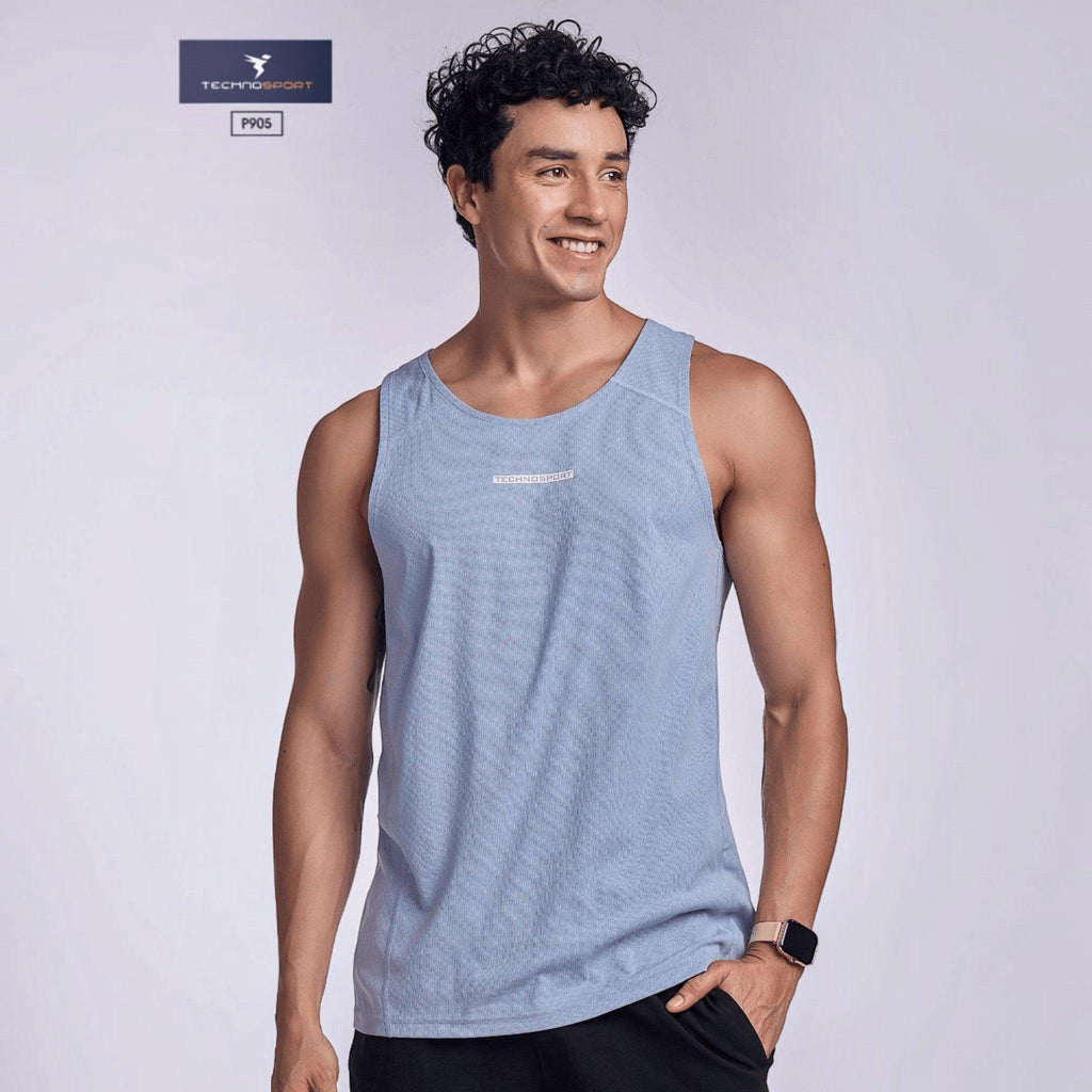 City Center TECHNOSPORT Millenova sleeveless athletic tank top in light blue ElastoLITE fabric worn by a male model