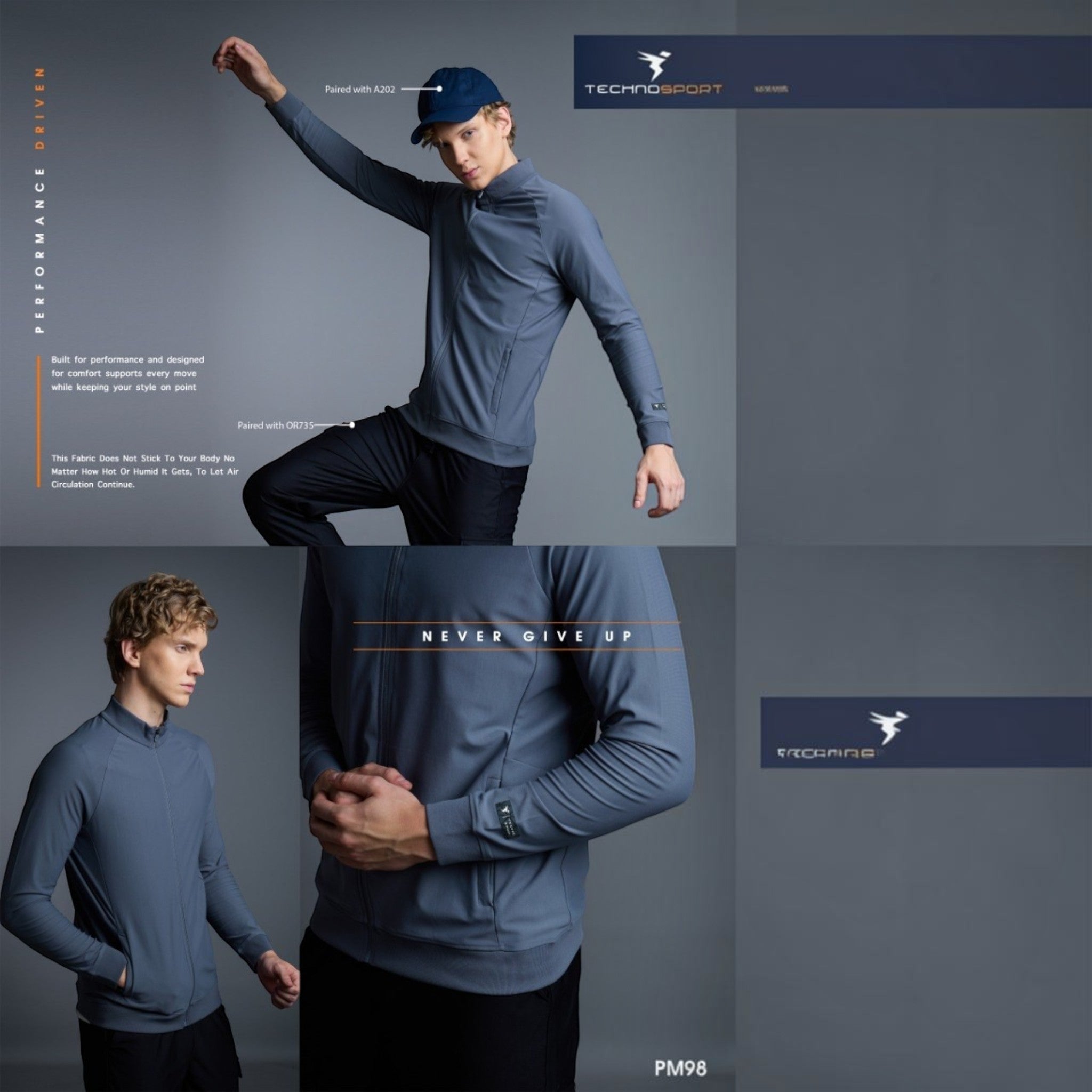 City Center Technosport DuraCool+ blue high-neck performance jacket with moisture-wicking fabric on a male model