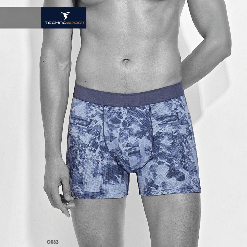 City Center Technosport men's blue patterned trunk with elastic waistband and moisture-wicking ElastoLITE fabric