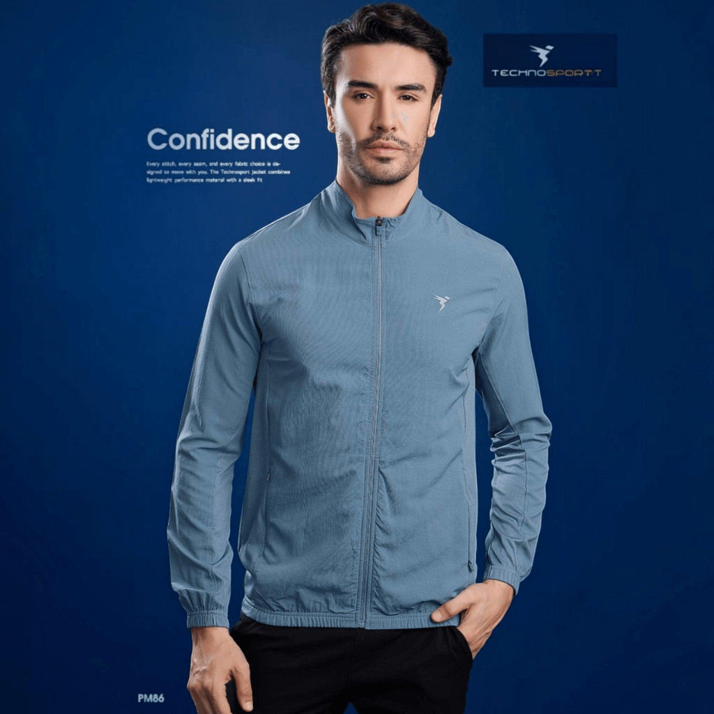 City Center Technosport men's blue slim-fit hi-neck lightweight woven jacket with front zipper on a model