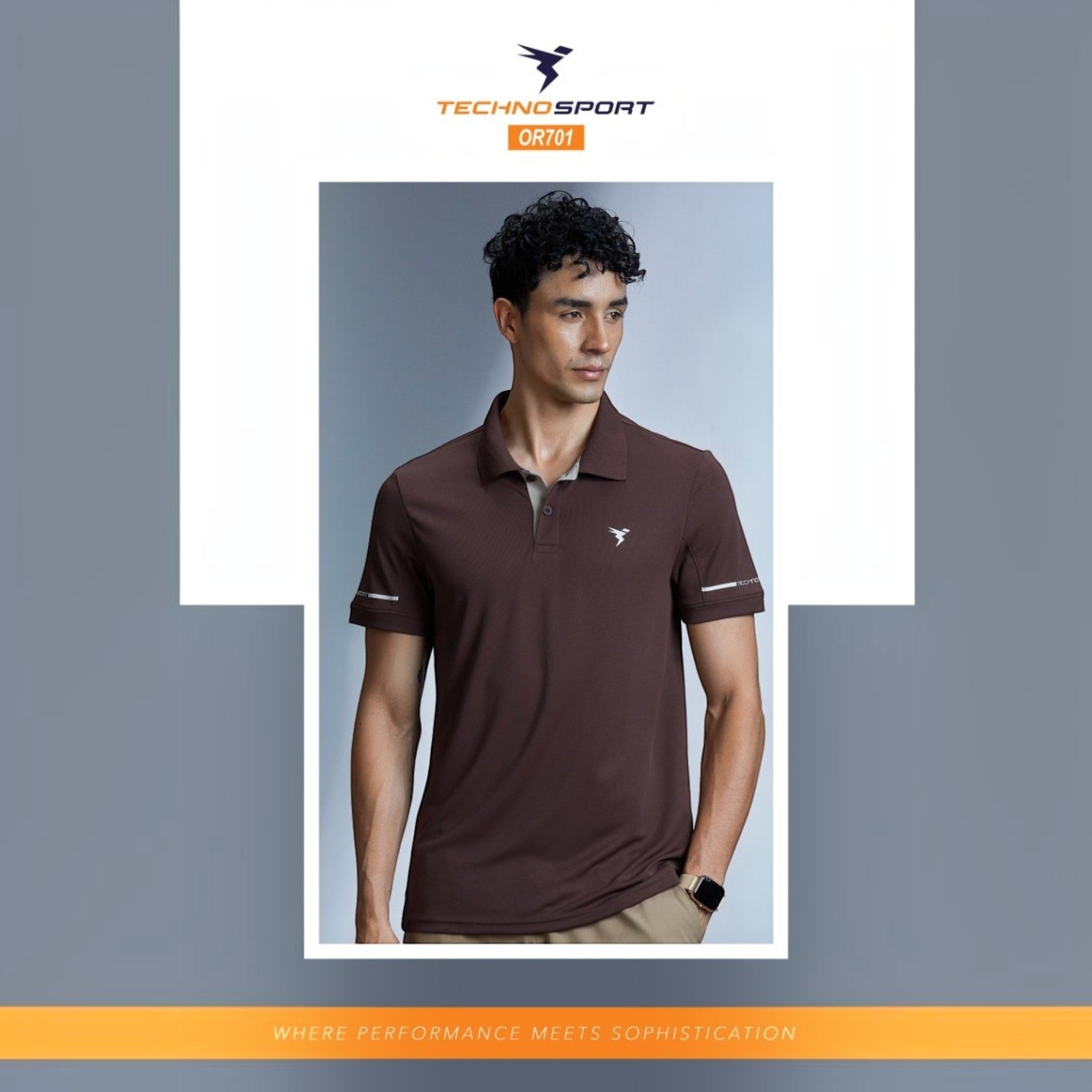 City Center OR701 Technosport men's brown performance polo shirt with moisture-wicking fabric on a male model