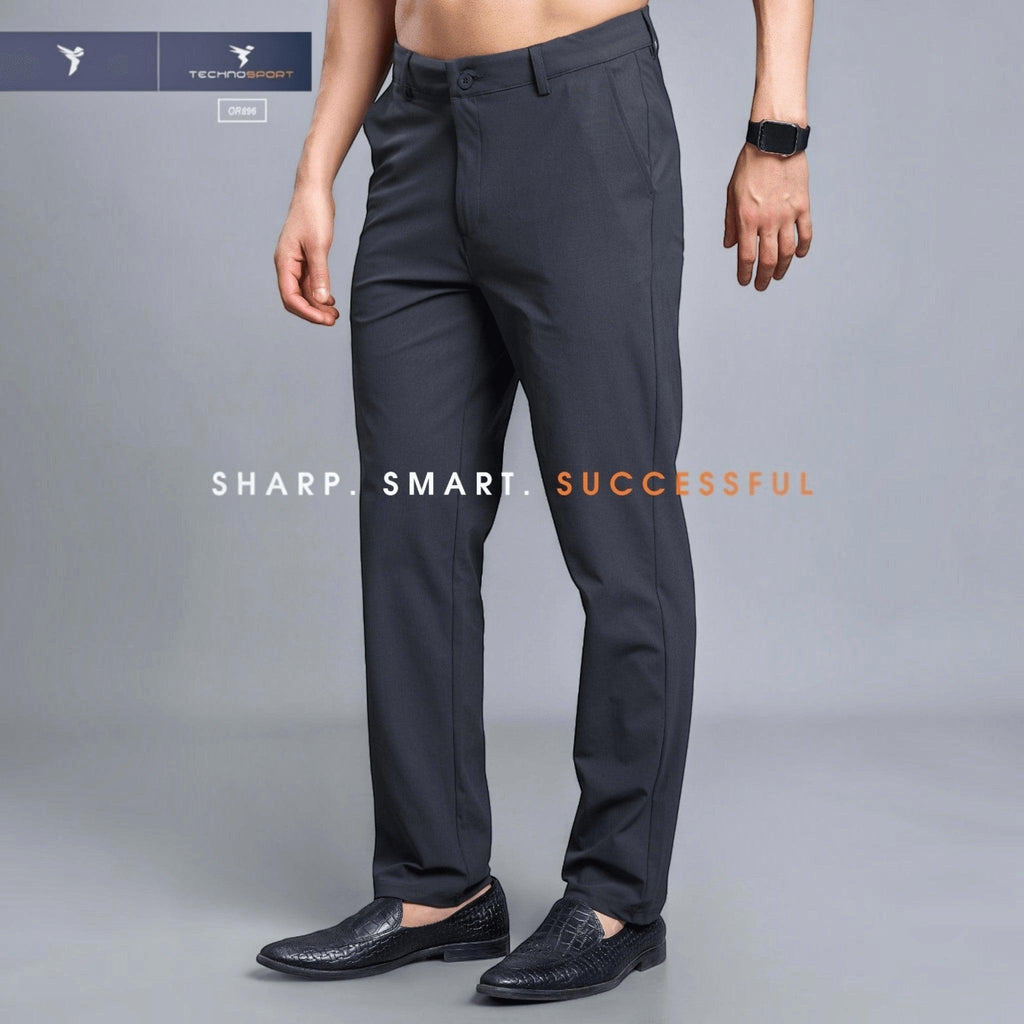 City Center Technosport DuraCool+ charcoal grey regular fit formal pants with 4-way stretch fabric on a male model.