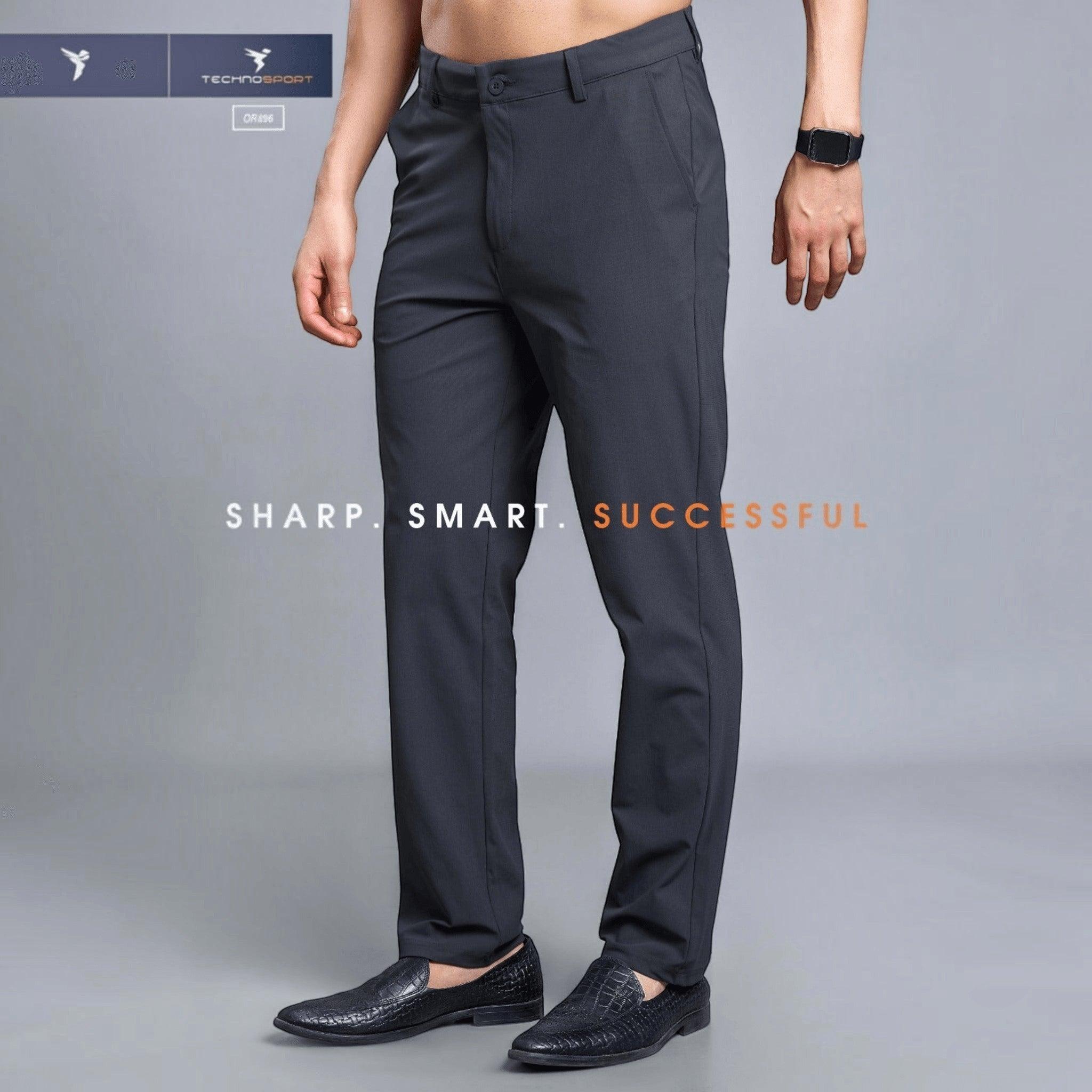 City Center Technosport DuraCool+ charcoal grey regular fit formal pants with 4-way stretch fabric on a male model.