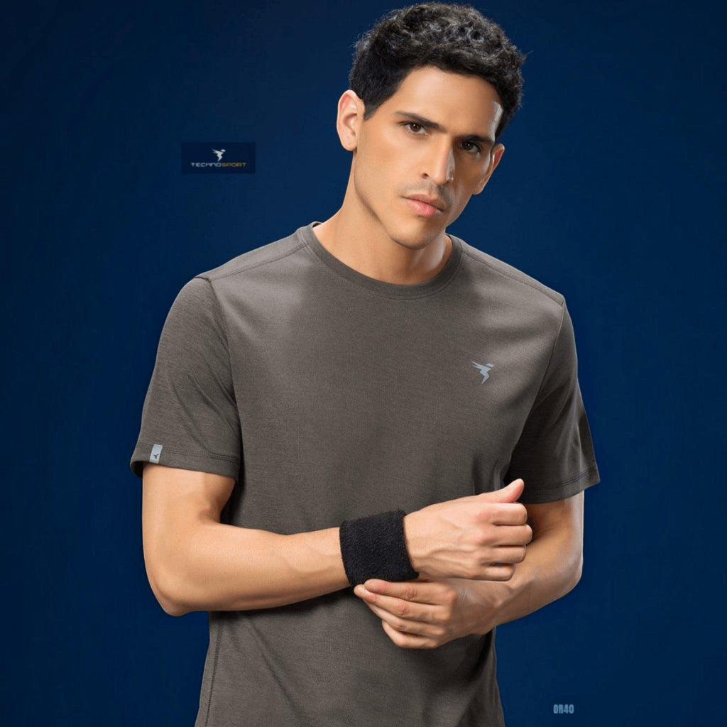 City Center Technosport athletic crew neck t-shirt in charcoal grey, featuring moisture-wicking performance fabric.