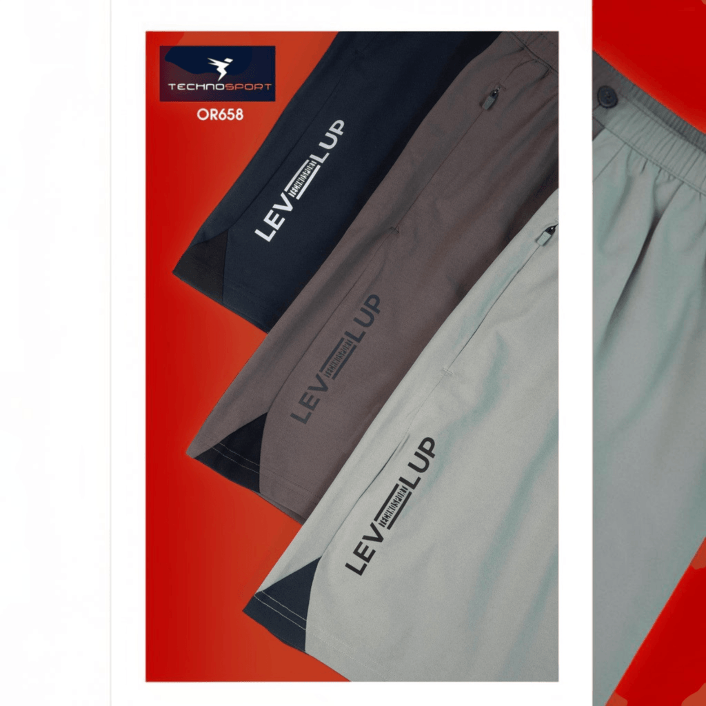City Center Technosport 4-way stretch crispy shorts in navy, grey, and light green with side zip pockets.
