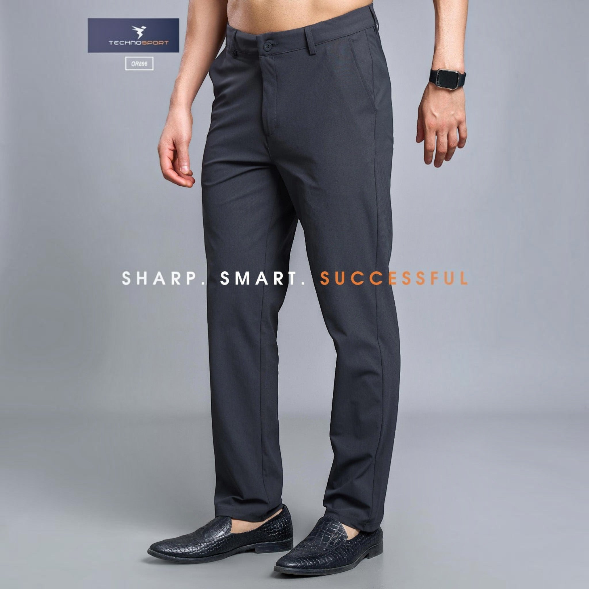 City Center Technosport DuraCool+ OR896 men's slim fit charcoal grey stretch casual trousers on a model