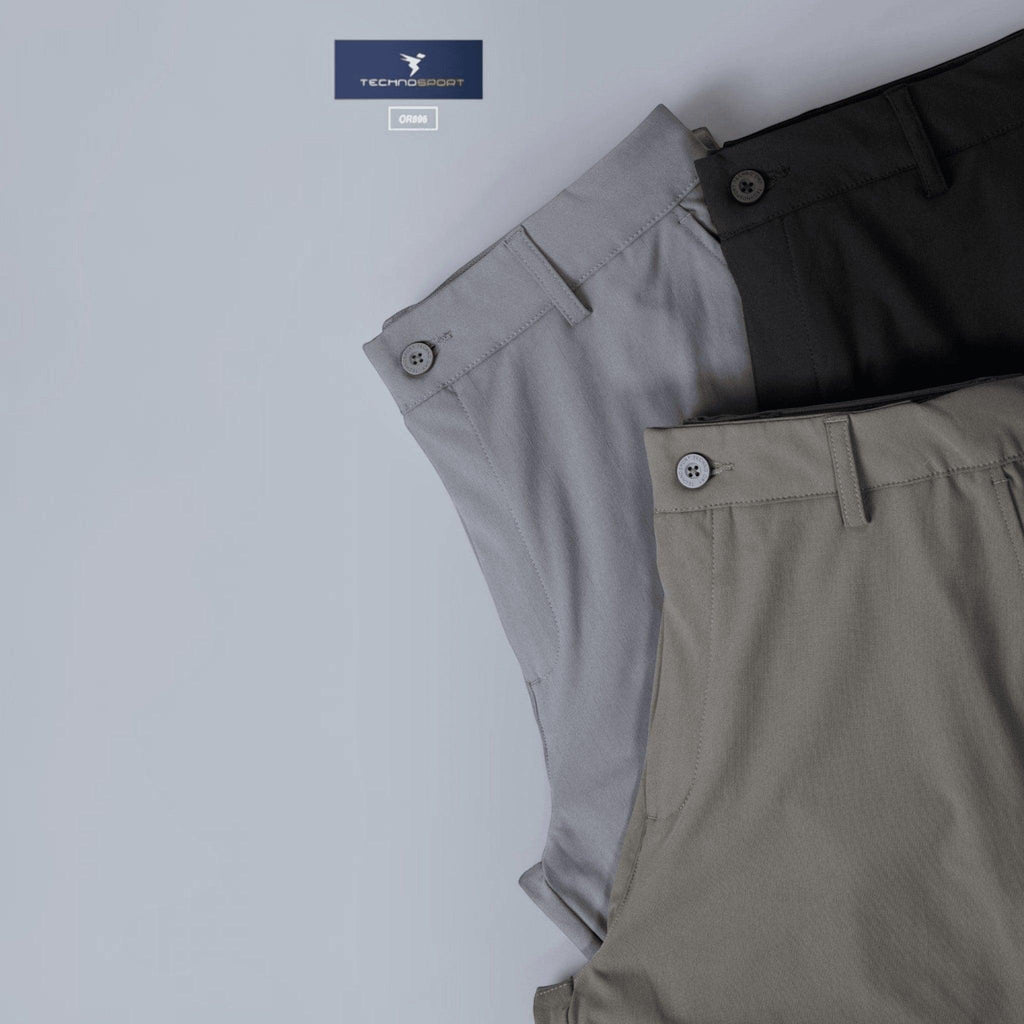 City Center Technosport DuraCool+ formal pants in grey, charcoal, and beige with 4-way stretch fabric.