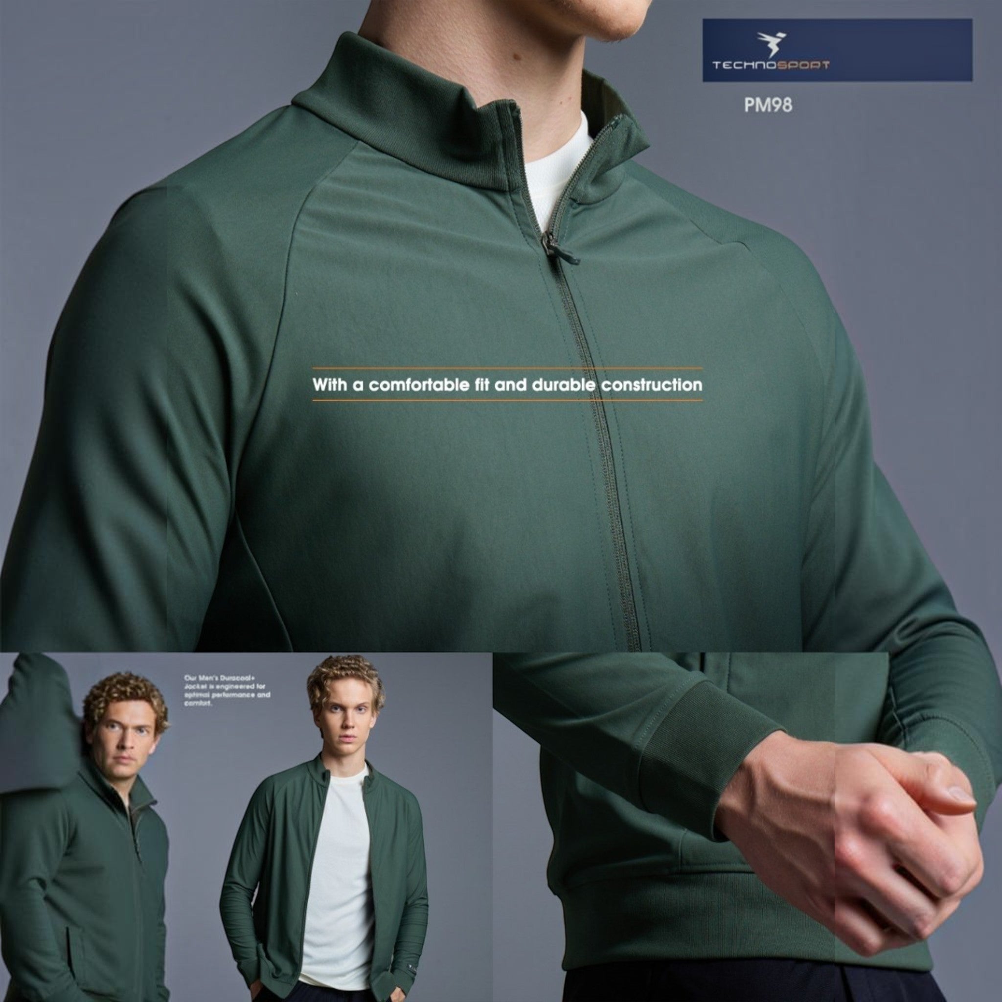 City Center Technosport DuraCool+ dark green high-neck jacket with moisture-wicking fabric and full-zip front.