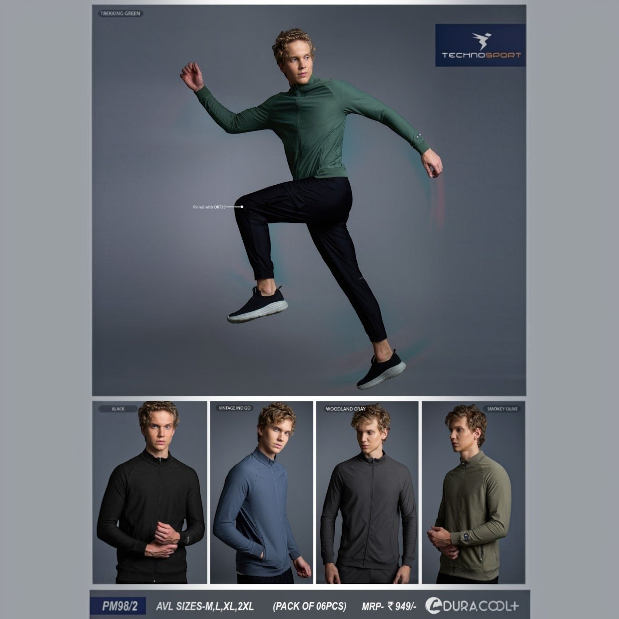 City Center Technosport DuraCool+ solid high-neck jackets in various colors worn by a male model in athletic poses.
