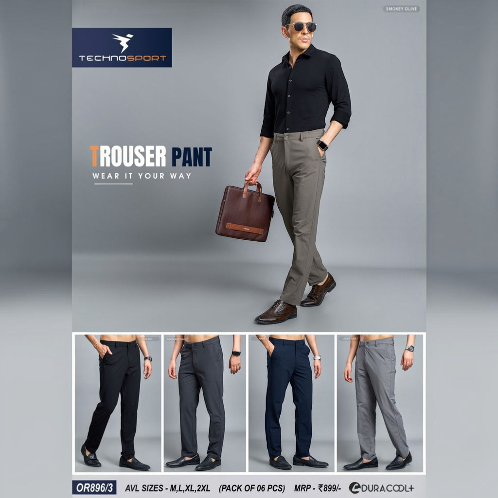 City Center Technosport DuraCool+ men's stretch casual trousers in various colours, worn by a model in a slim fit.
