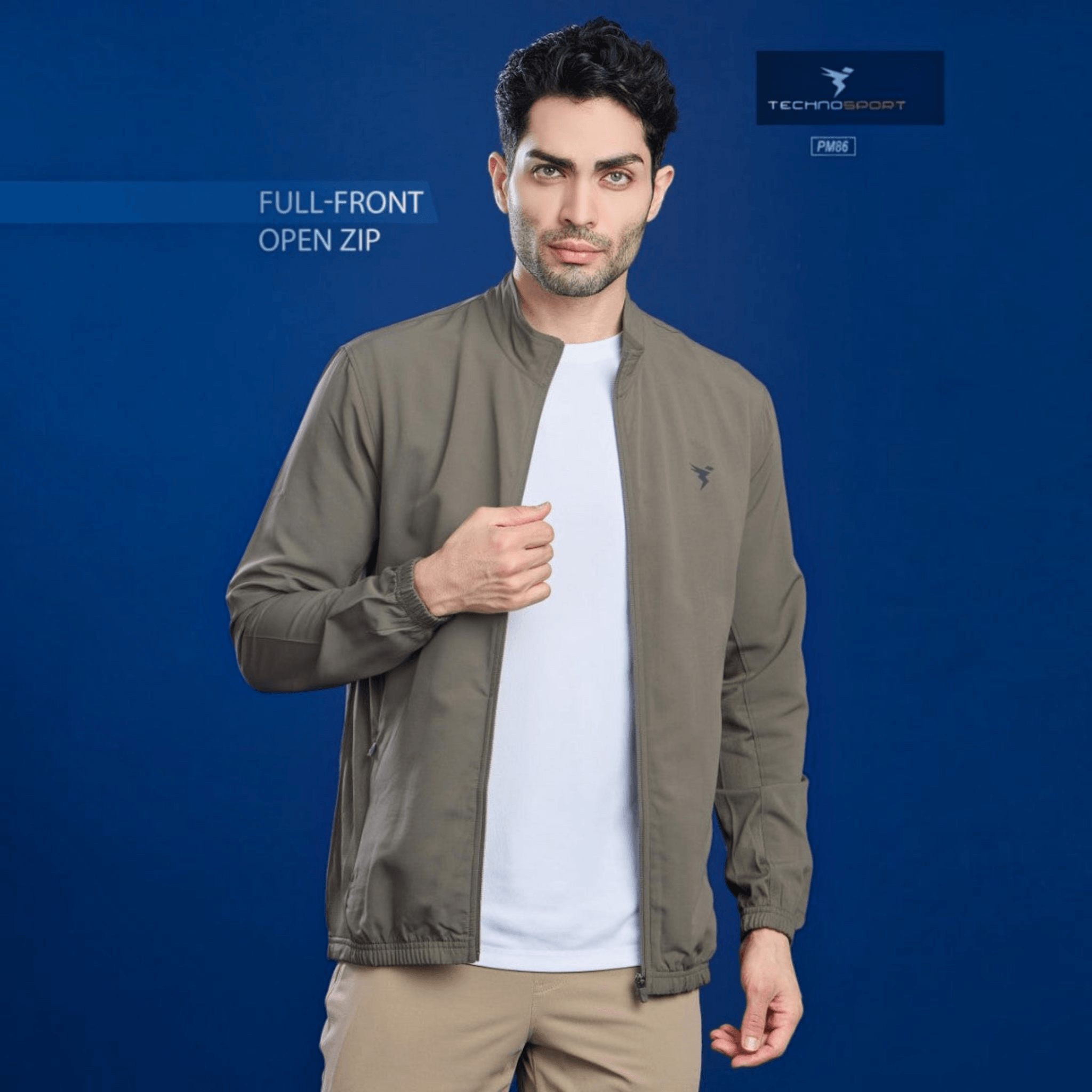 City Center model wearing a khaki Technosport TS Flexi Jacket with a full-front zip, featuring a sleek athletic fit.