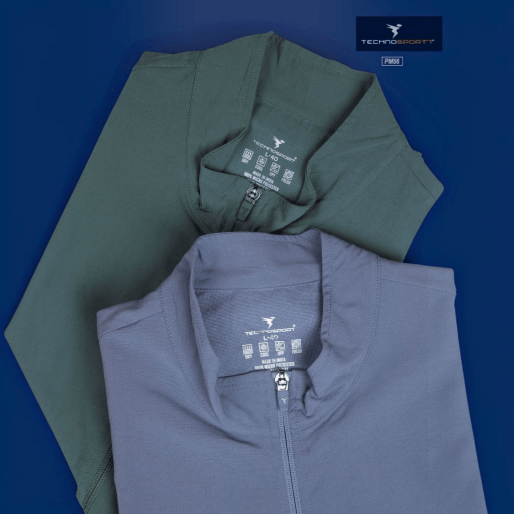 City Center Technosport TS Flexi jackets in sage green and slate blue with high-performance moisture-wicking fabric.