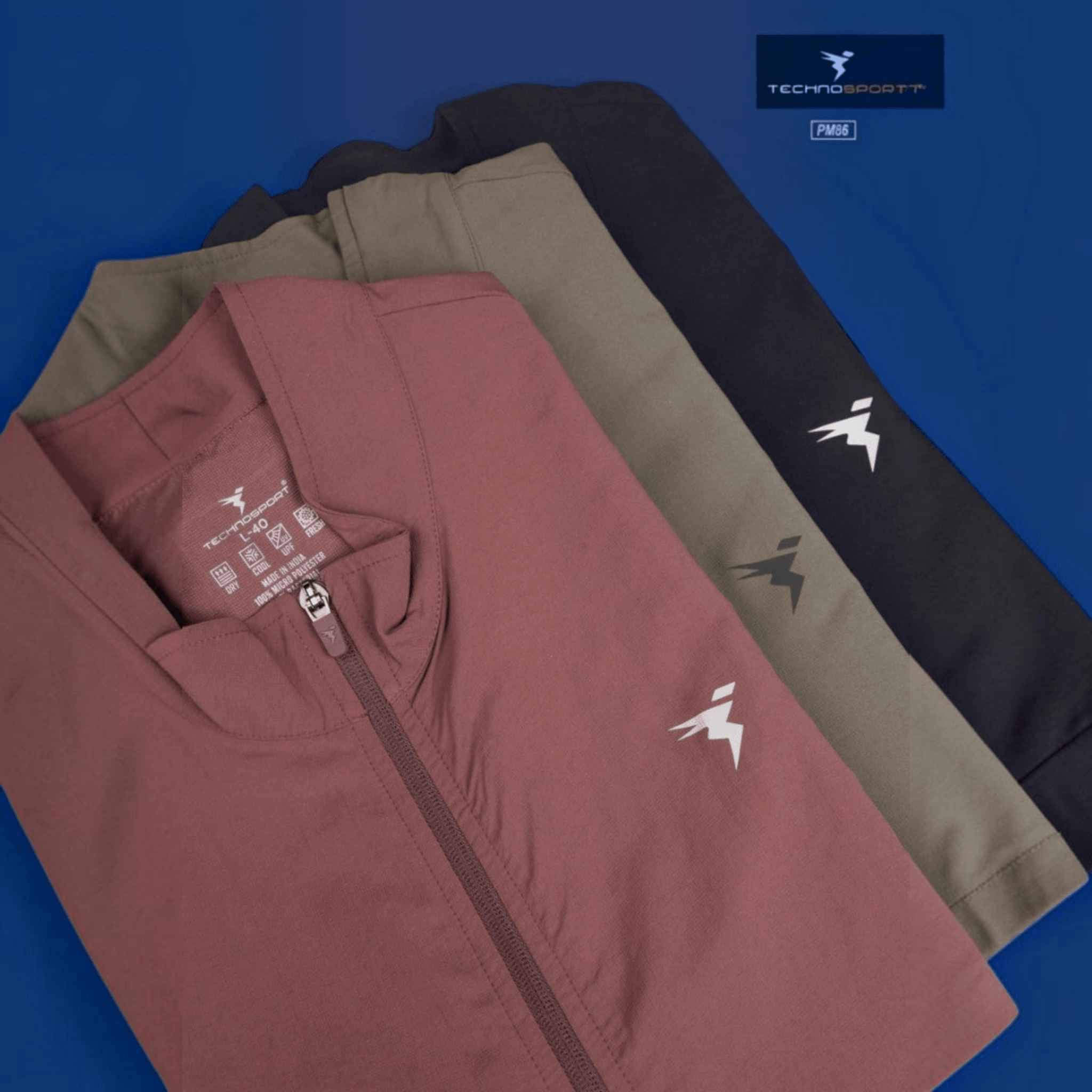 City Center Technosport TS Flexi PM86 jackets in mauve, olive, and black with moisture-wicking stretch fabric.