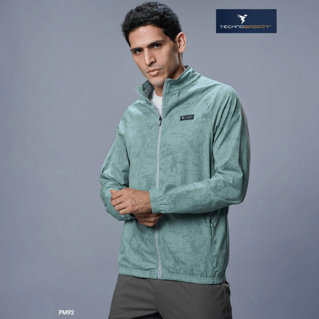 City Center Technosport men's sage green hi-neck athletic jacket with all-over print and full-zip closure