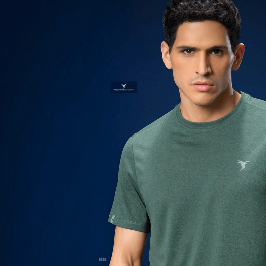 City Center Technosport men's green athletic crew neck t-shirt with moisture-wicking performance fabric
