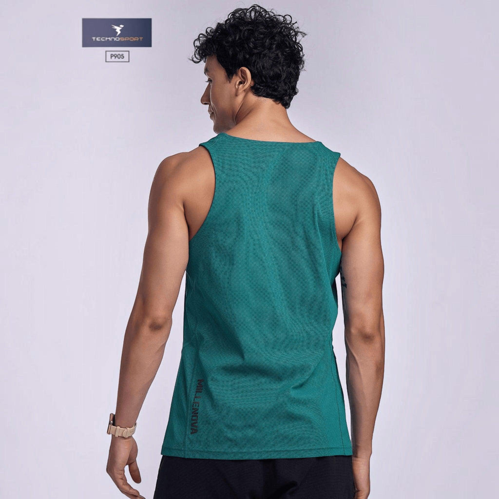 City Center TECHNOSPORT Millenova green sleeveless athletic tank top on a man, back view showing breathable fabric.