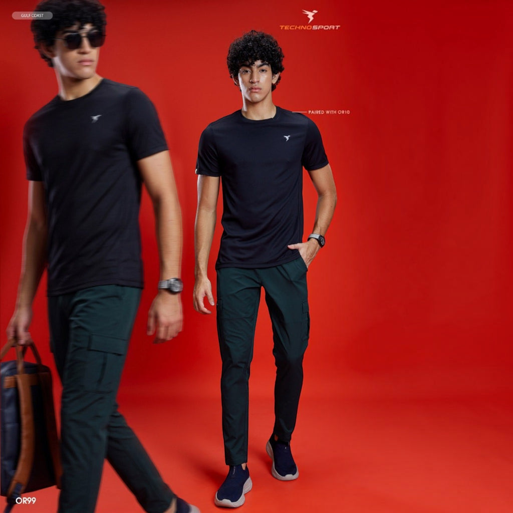 City Center Technosport TS Flexi dark green woven cargo pants with straight fit and side pockets on a male model