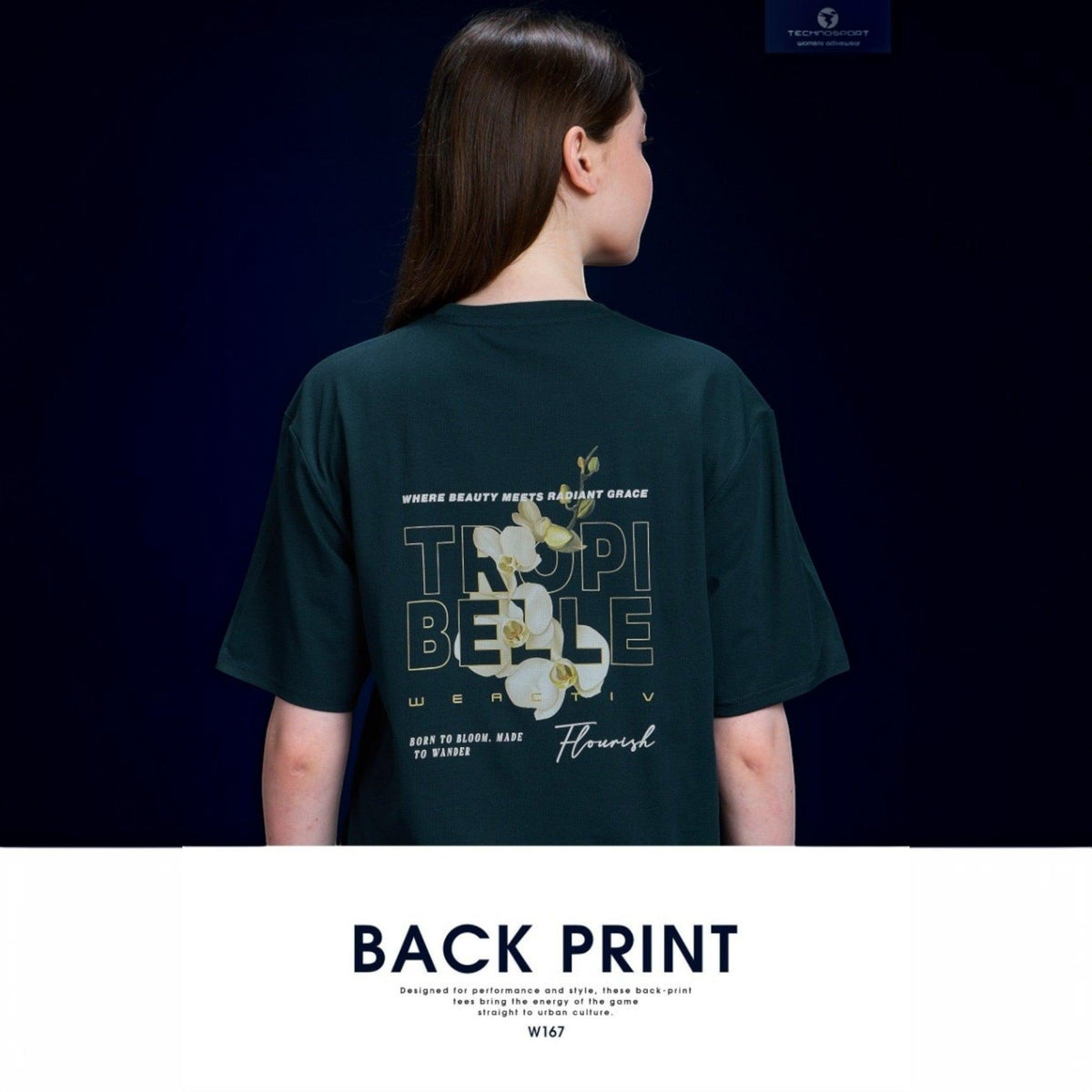 City Center Technosport women's dark green crew neck t-shirt with a floral graphic print on the back