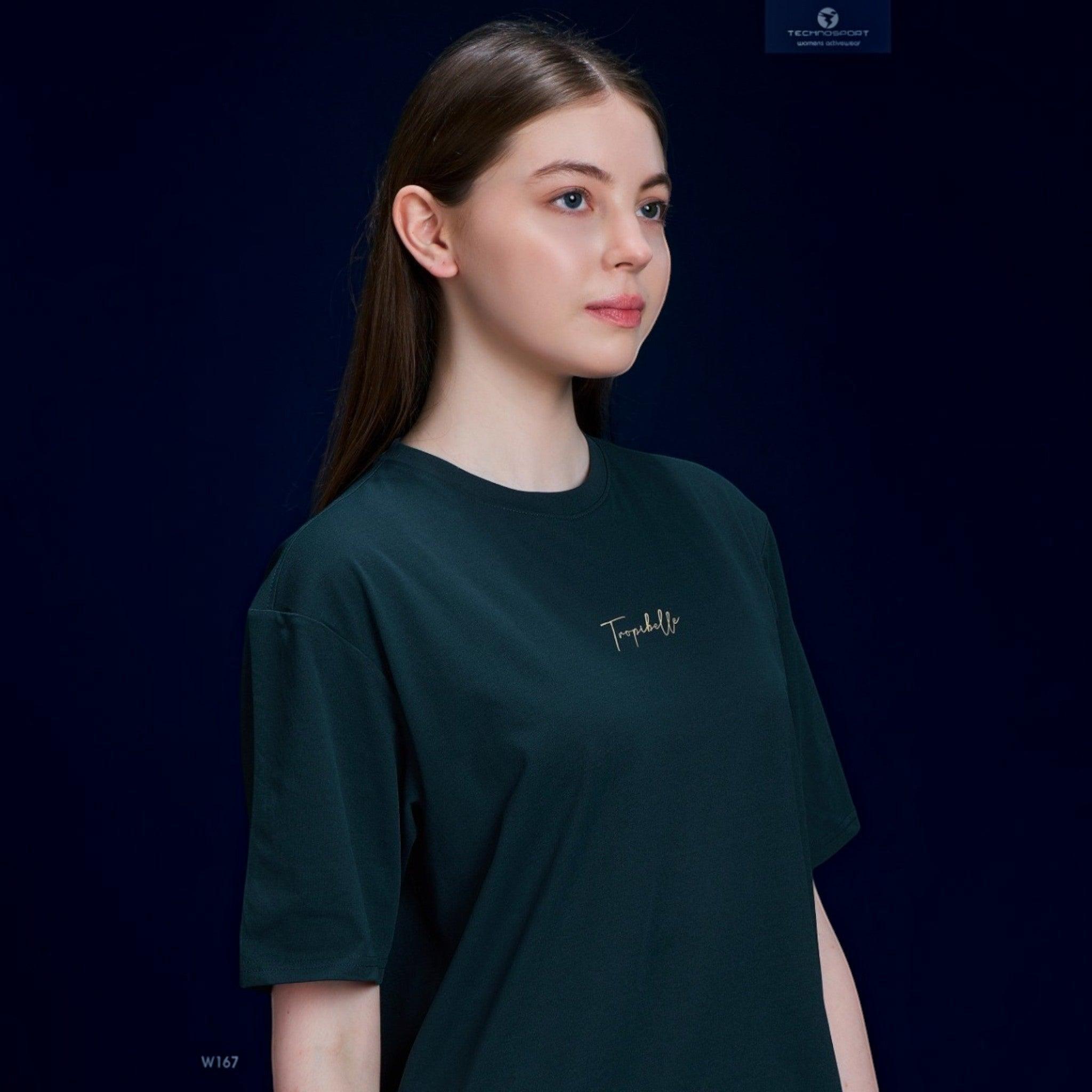 City Center Technosport women's dark green crew neck t-shirt with minimalist script branding on the chest