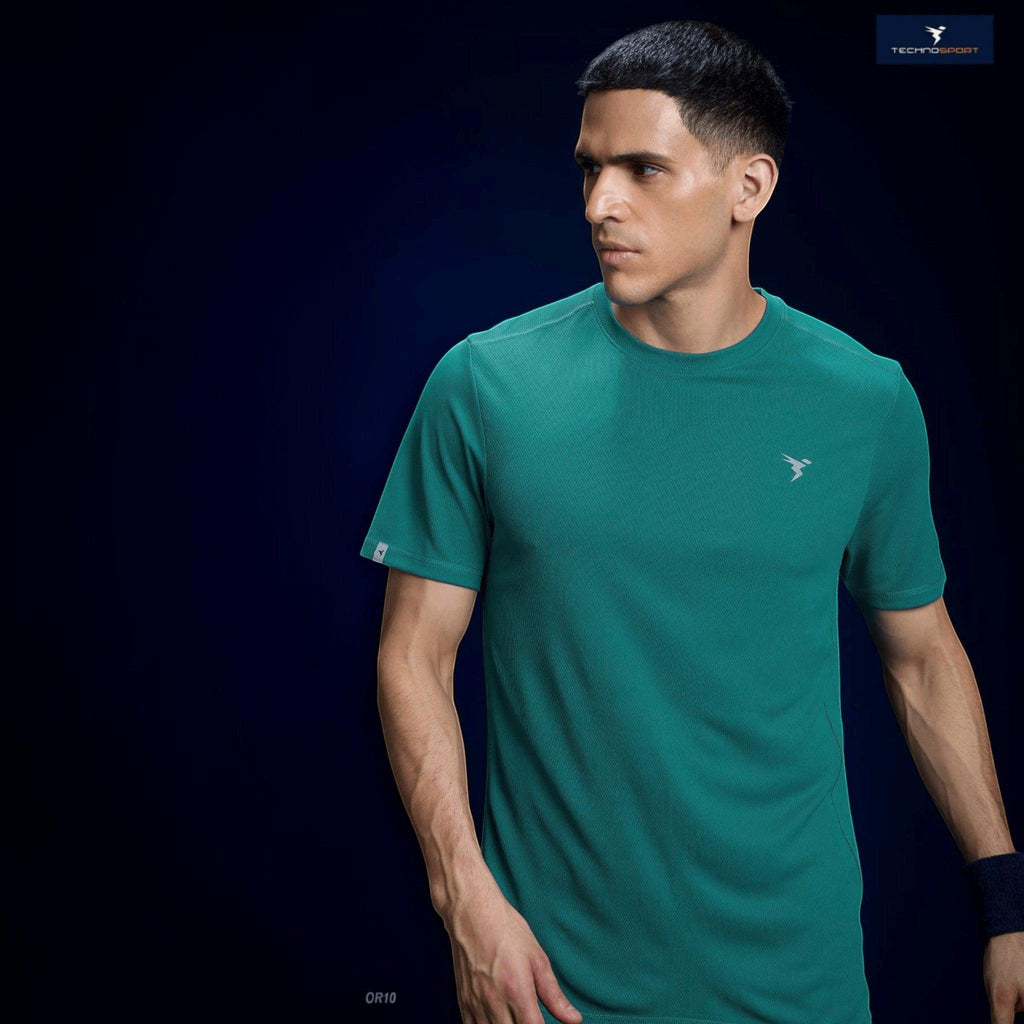 City Center Technosport green slim fit crew neck t-shirt with TechnoCool+ moisture-wicking fabric on a male model.