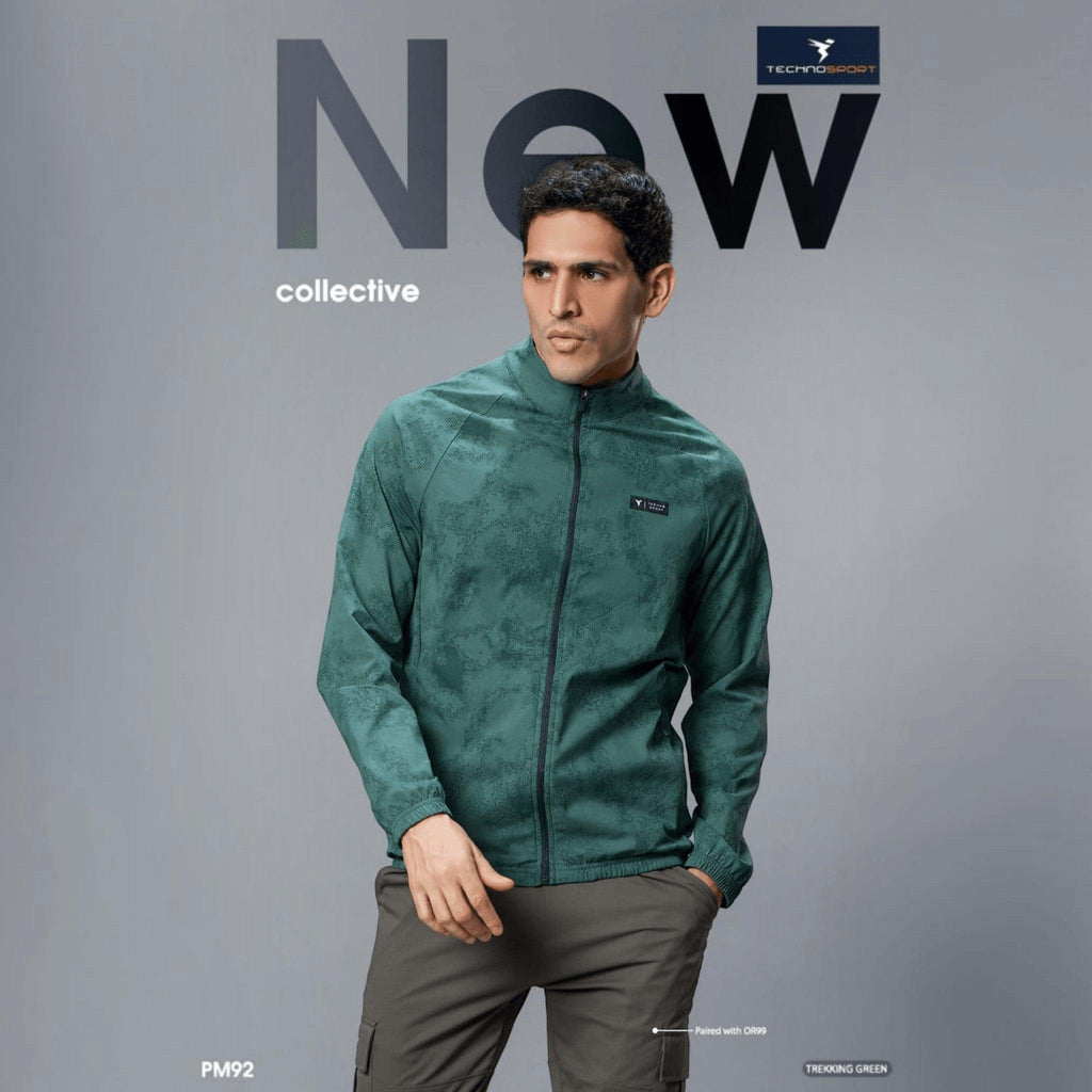 City Center Technosport men's green patterned hi-neck stretch jacket with front zipper for sports and training