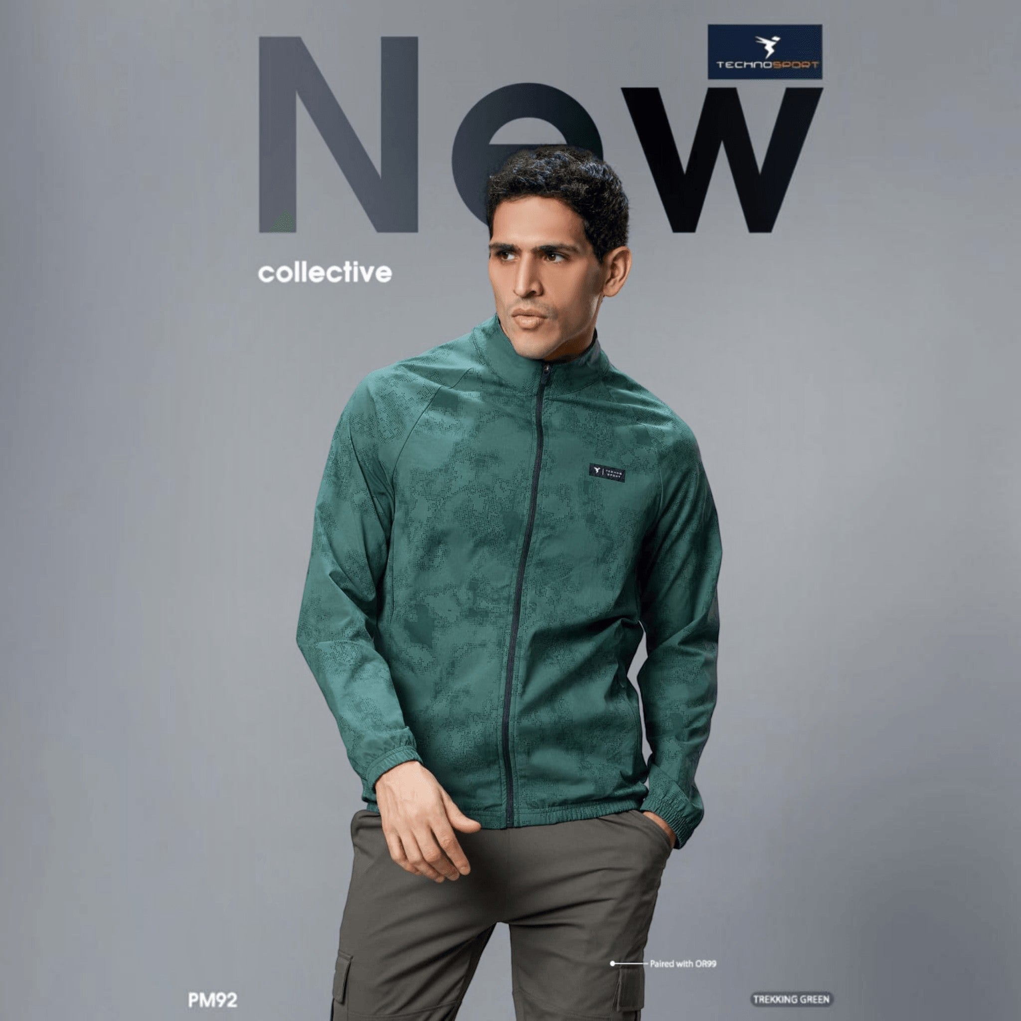 City Center Technosport men's green patterned hi-neck stretch jacket with front zipper for sports and training