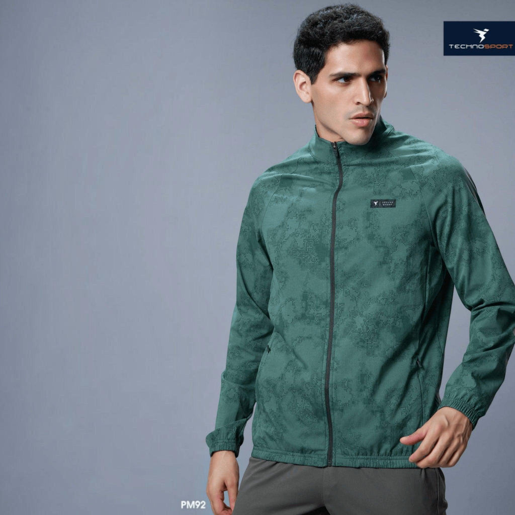 City Center Technosport men's green patterned hi-neck sports jacket with front zipper and stretch fabric