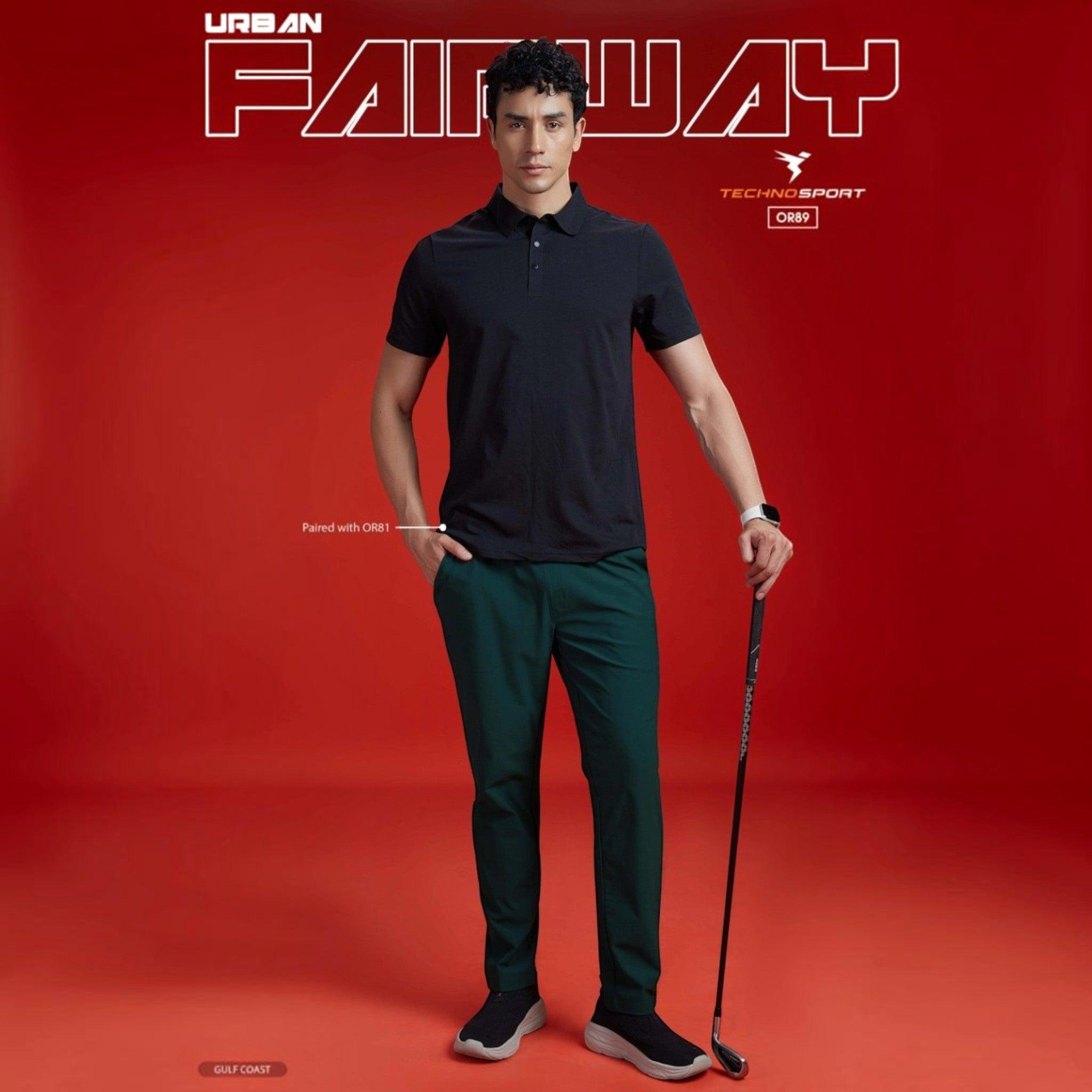 City Center model wearing Technosport DuraCool+ dark green 4-way stretch track pants with a black polo shirt
