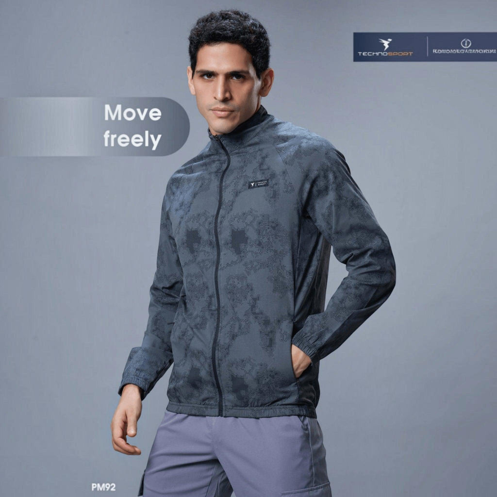 City Center Technosport men's grey AOP hi-neck 2-way stretch sports jacket with front zipper and moisture-wicking fabric