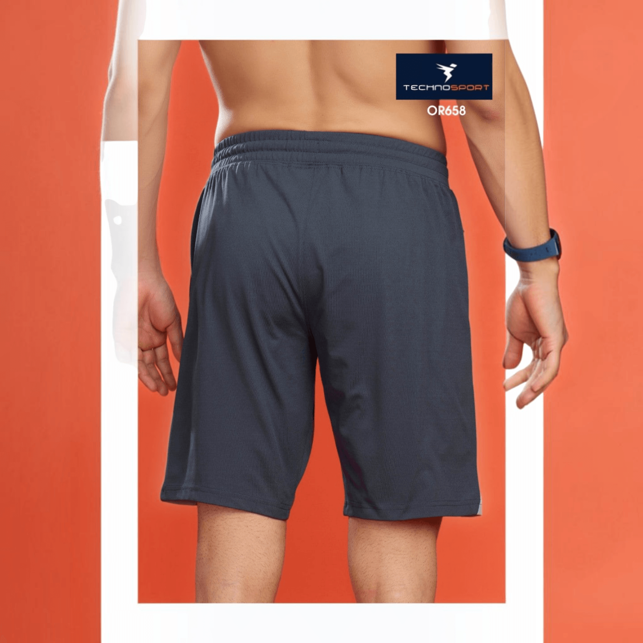 City Center Technosport charcoal grey 4-way stretch crispy athletic shorts worn by a man, back view.
