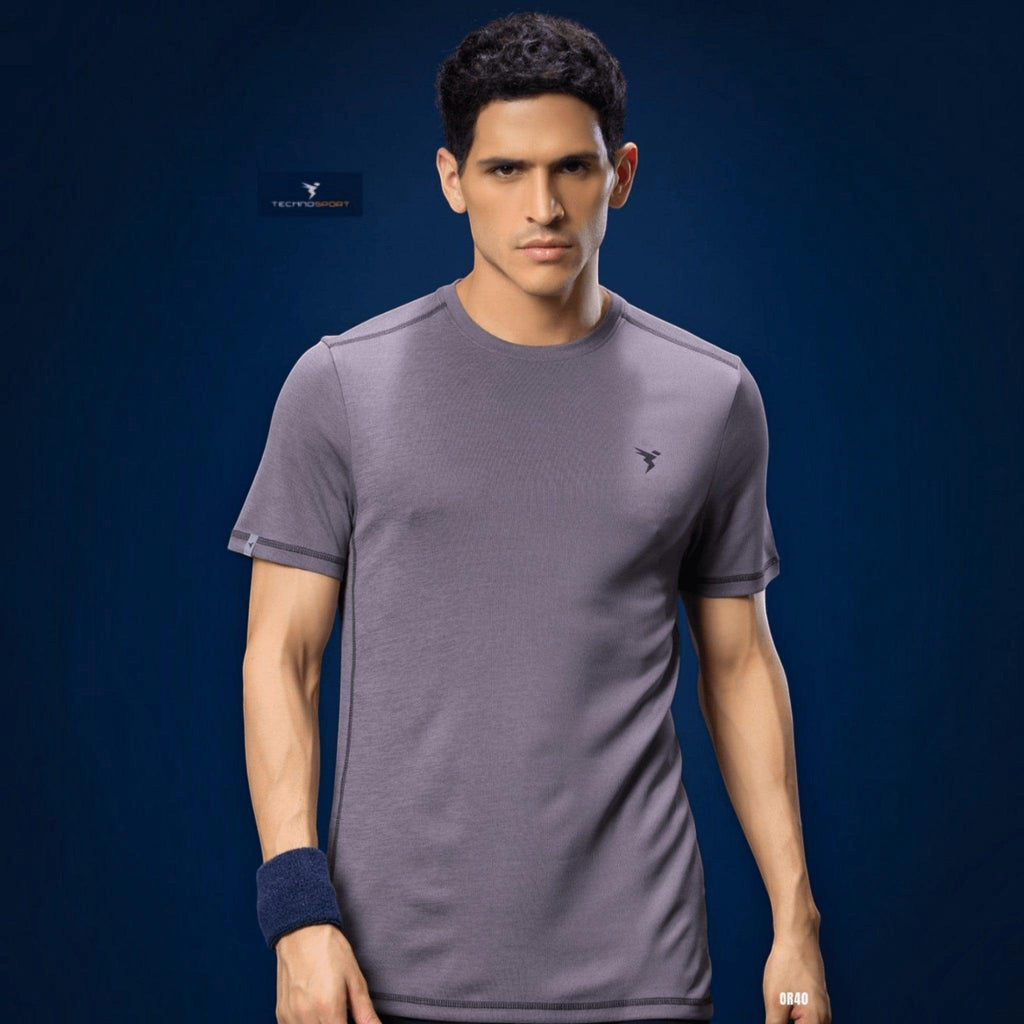 City Center Technosport athletic slim fit crew neck t-shirt in grey with moisture-wicking cooling fabric on a model