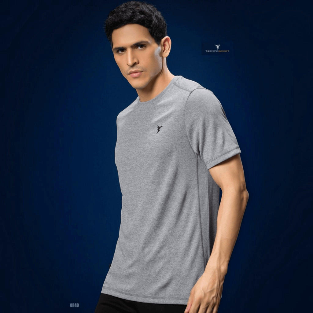 City Center Technosport grey athletic crew neck t-shirt with moisture-wicking performance fabric on a male model