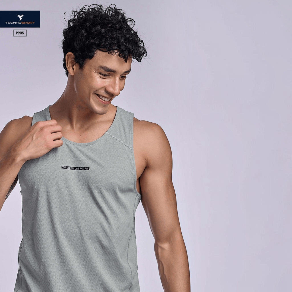City Center TECHNOSPORT Millenova sleeveless athletic tank top in light grey ElastoLITE fabric on a male model