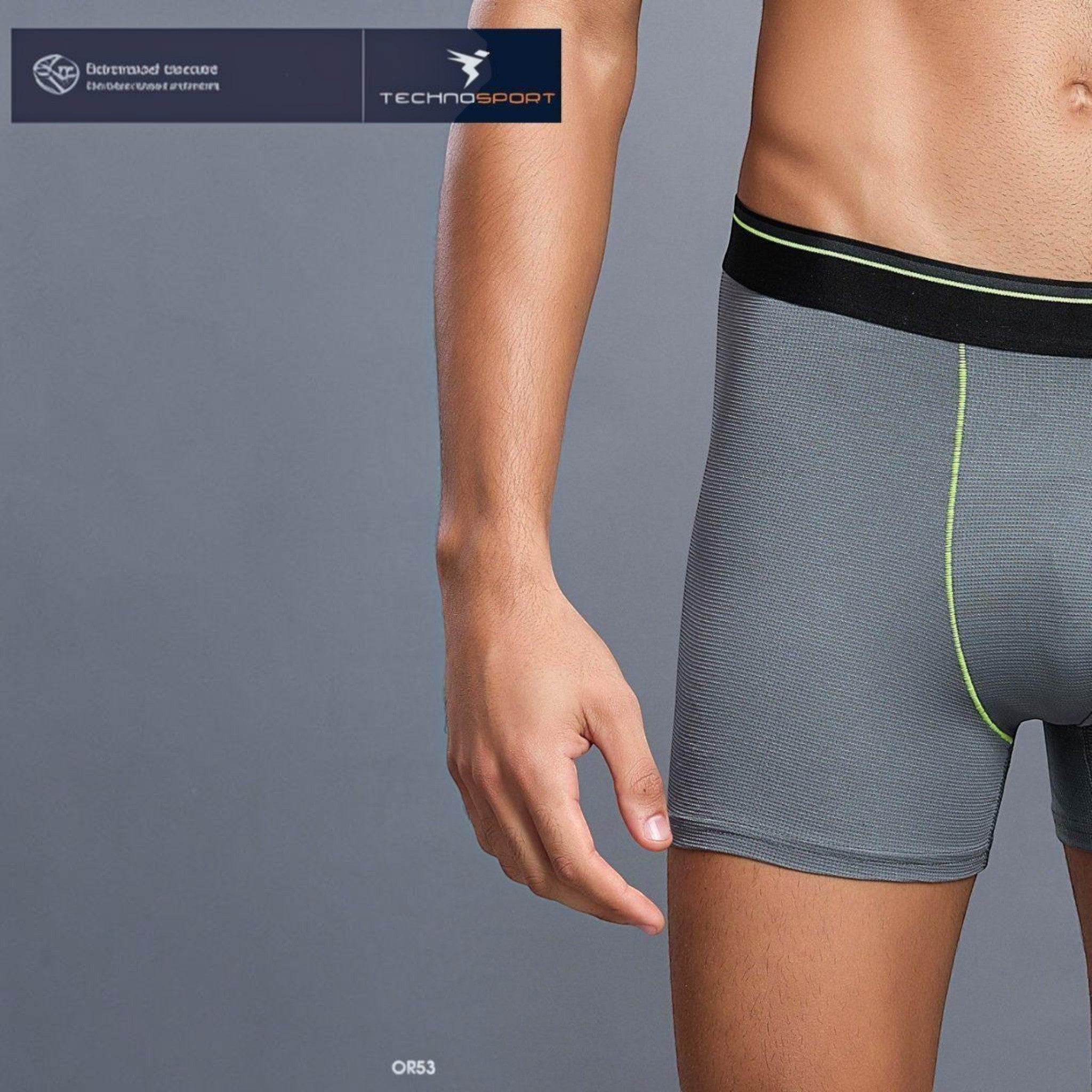 City Center Technosport OR53 grey athletic men's trunk made of breathable 4-way stretch Lycra mesh with neon trim.