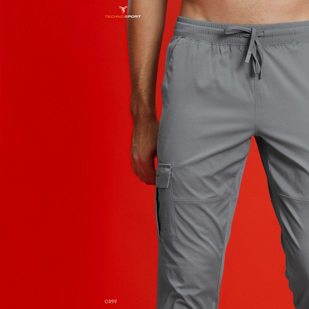 City Center Technosport TS Flexi grey woven cargo pants with an elastic drawstring waist and side utility pocket.