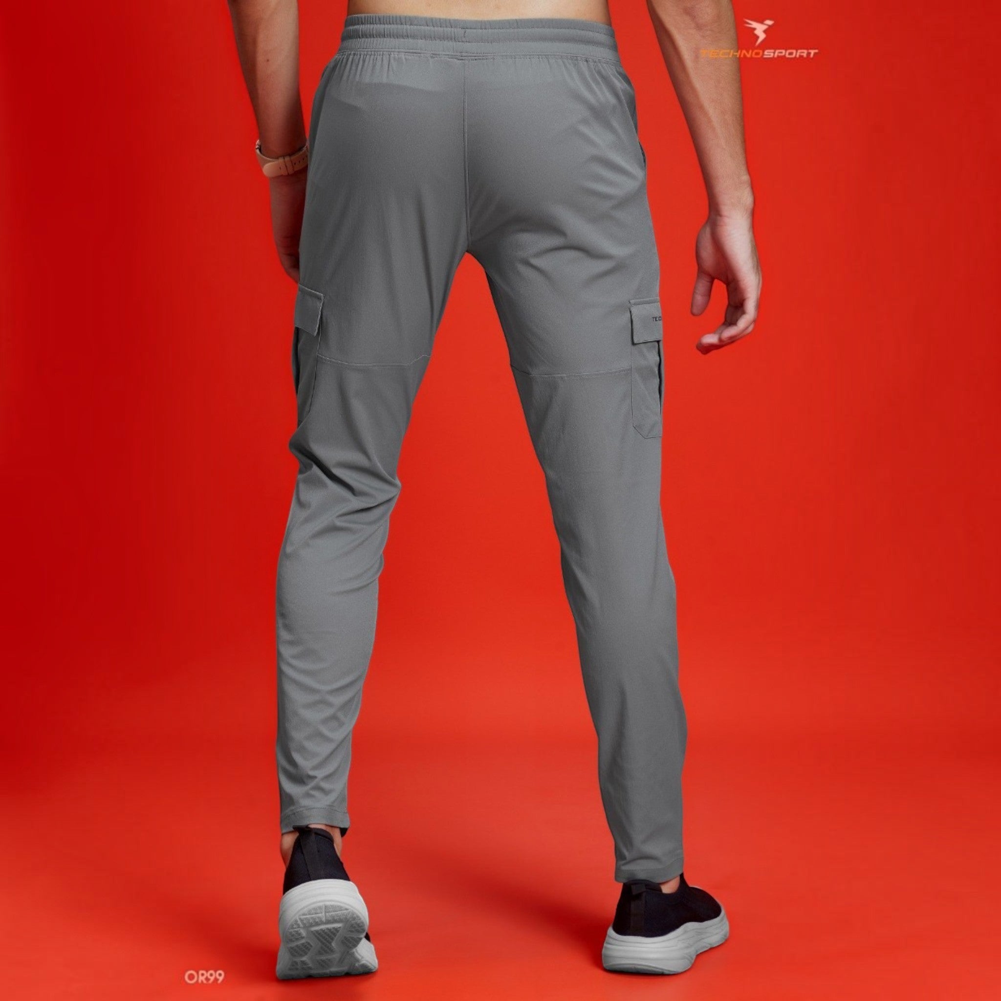 City Center Technosport TS Flexi grey woven cargo pants with straight fit and side pockets on a red background