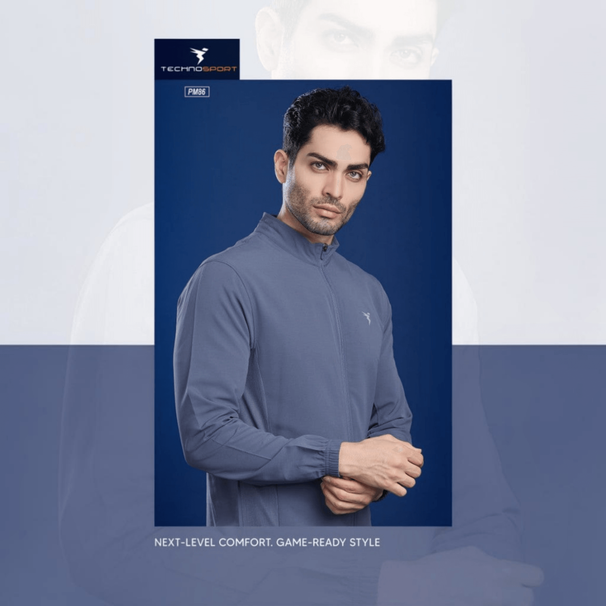 City Center Technosport TS Flexi grey zip-up jacket worn by a man, featuring moisture-wicking, stretchable fabric.