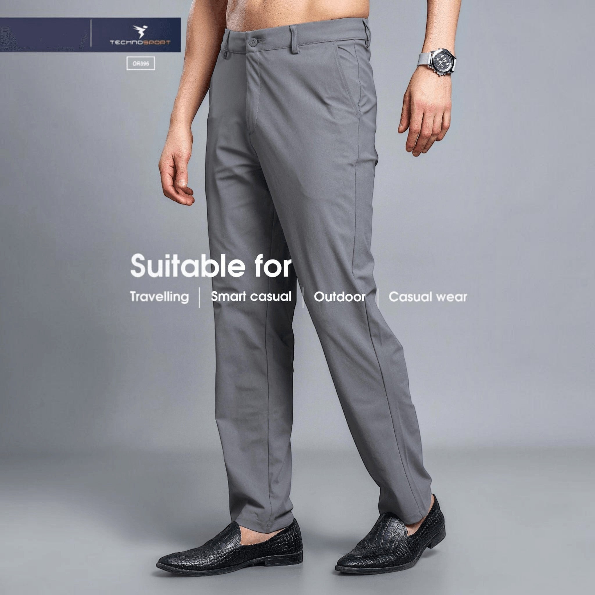 City Center Technosport DuraCool+ grey regular fit formal pants with 4-way stretch fabric on a male model