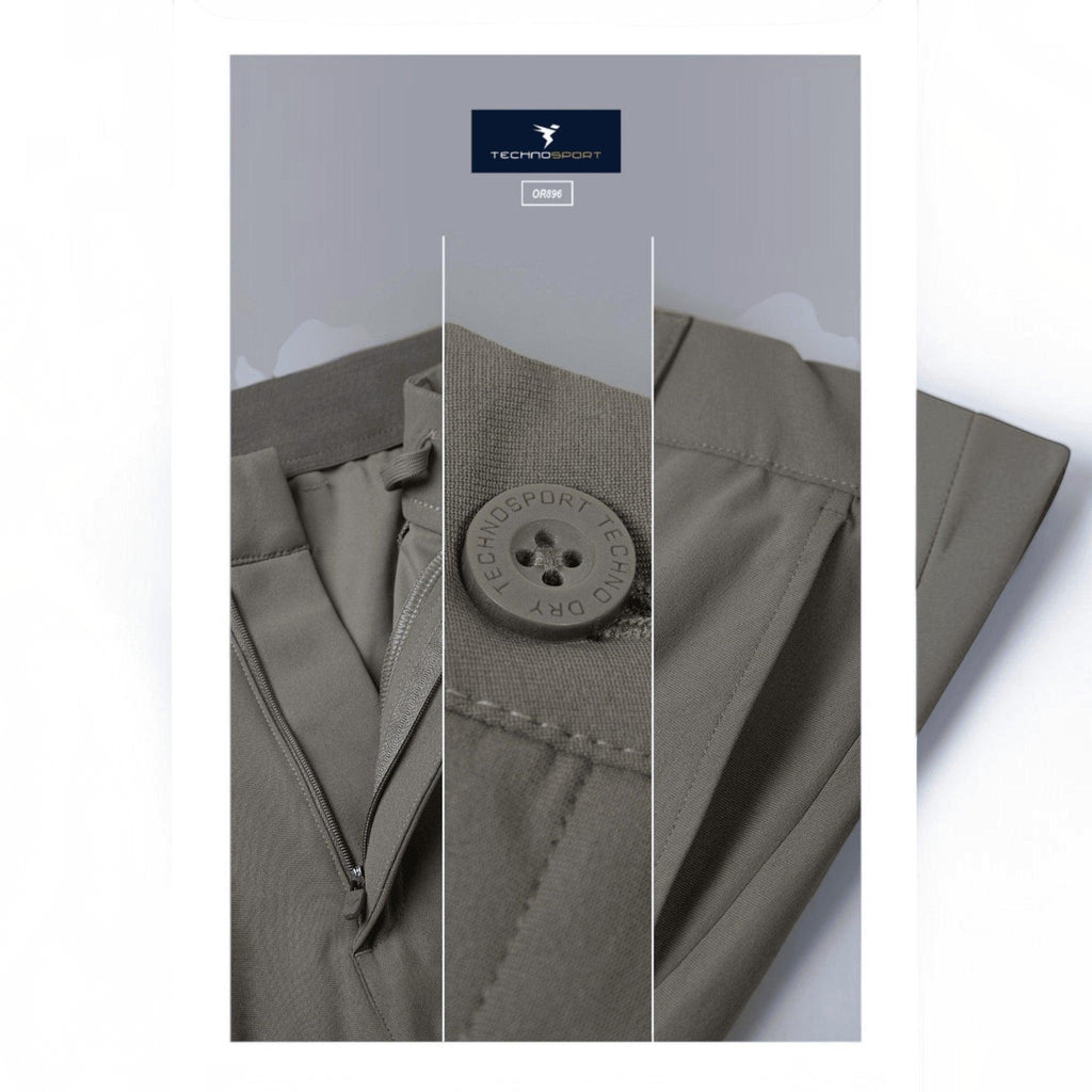 City Center Technosport DuraCool+ grey formal pants featuring moisture-wicking stretch fabric and branded button detail.
