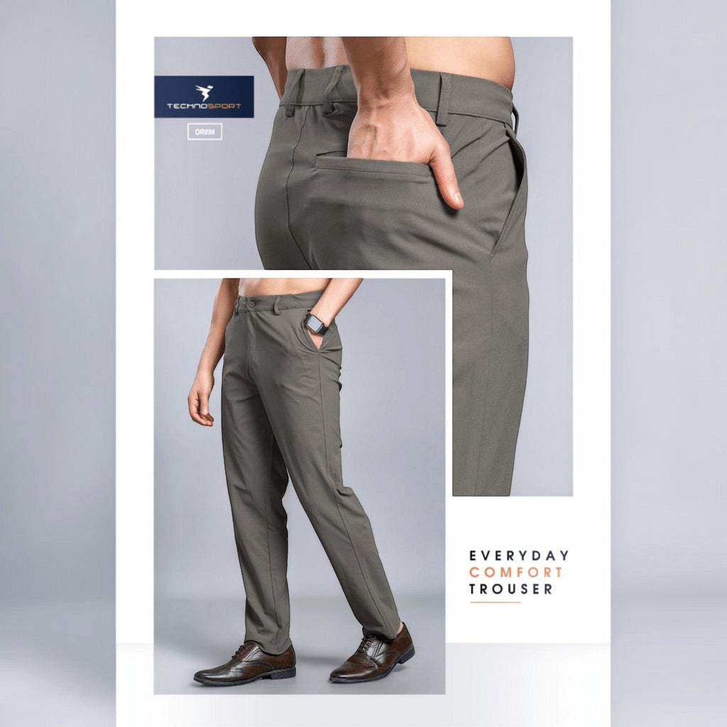 City Center Technosport DuraCool+ grey regular fit formal trousers with 4-way stretch fabric on a male model.