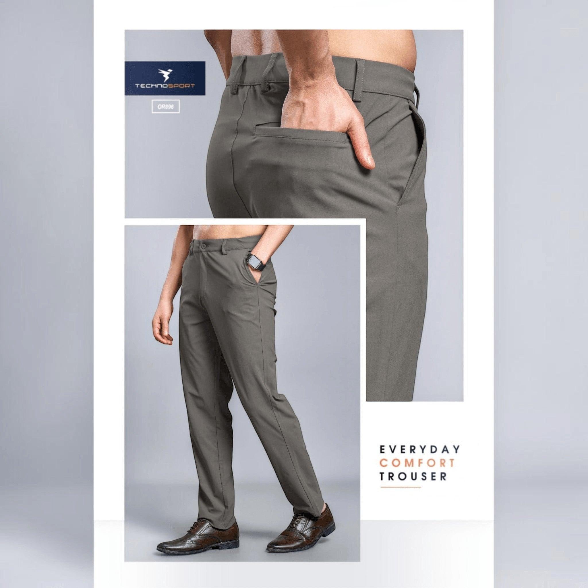 City Center Technosport DuraCool+ grey regular fit formal trousers with 4-way stretch fabric on a male model.