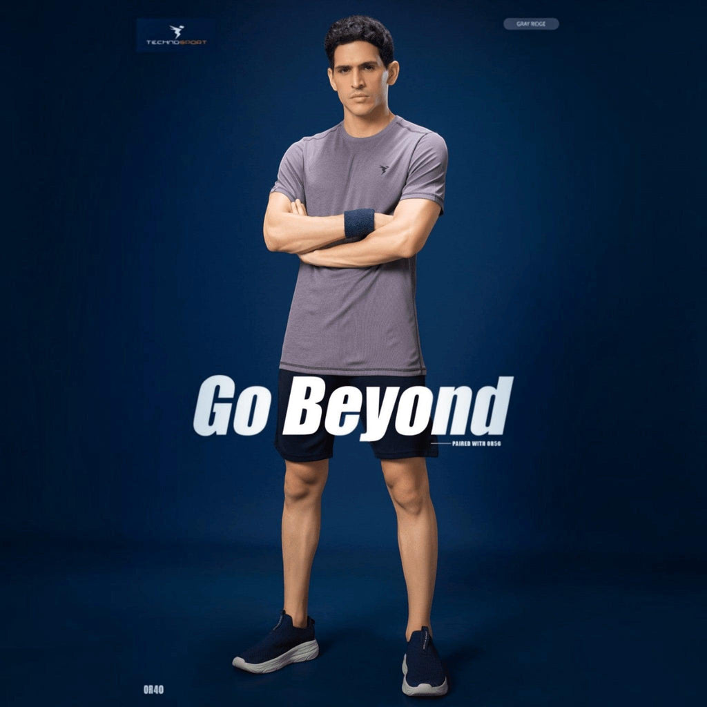 City Center Technosport grey athletic slim fit crew neck t-shirt with moisture-wicking performance fabric on a model
